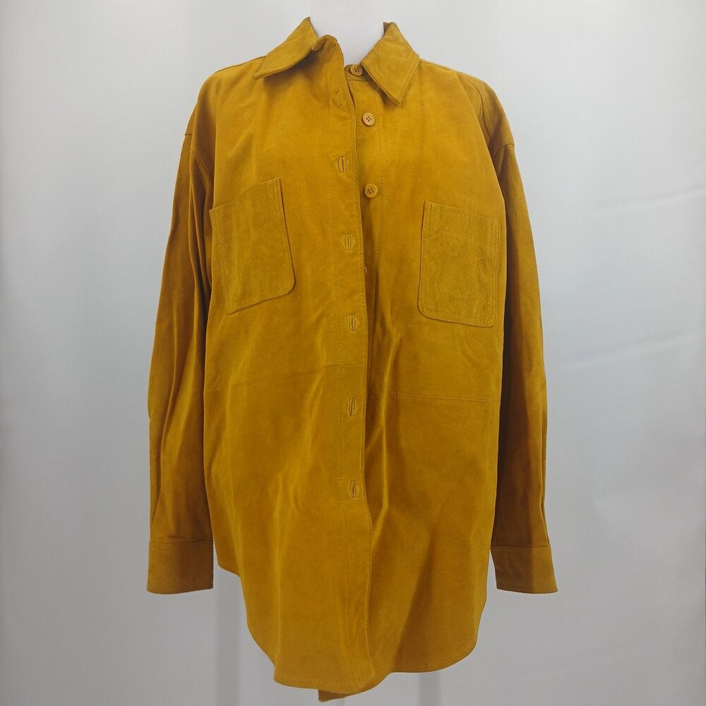 Vintage Bagatelle Mustard Yellow Suede Button Up Shirt Womens L Boho Chic Fall